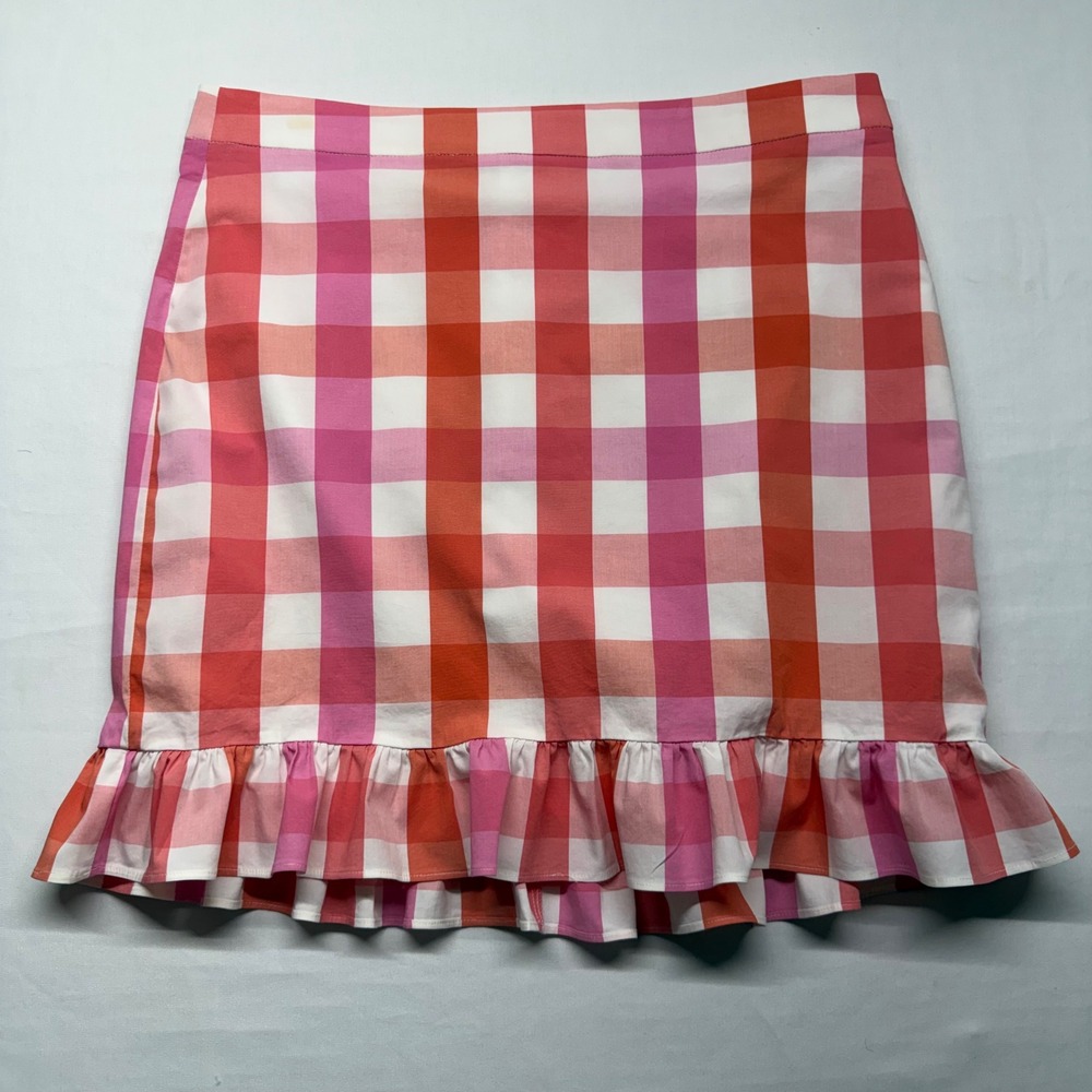 J.Crew Pink Gingham Plaid Ruffle Hem Mini Skirt‎ Size 12 Preppy Cottagecore